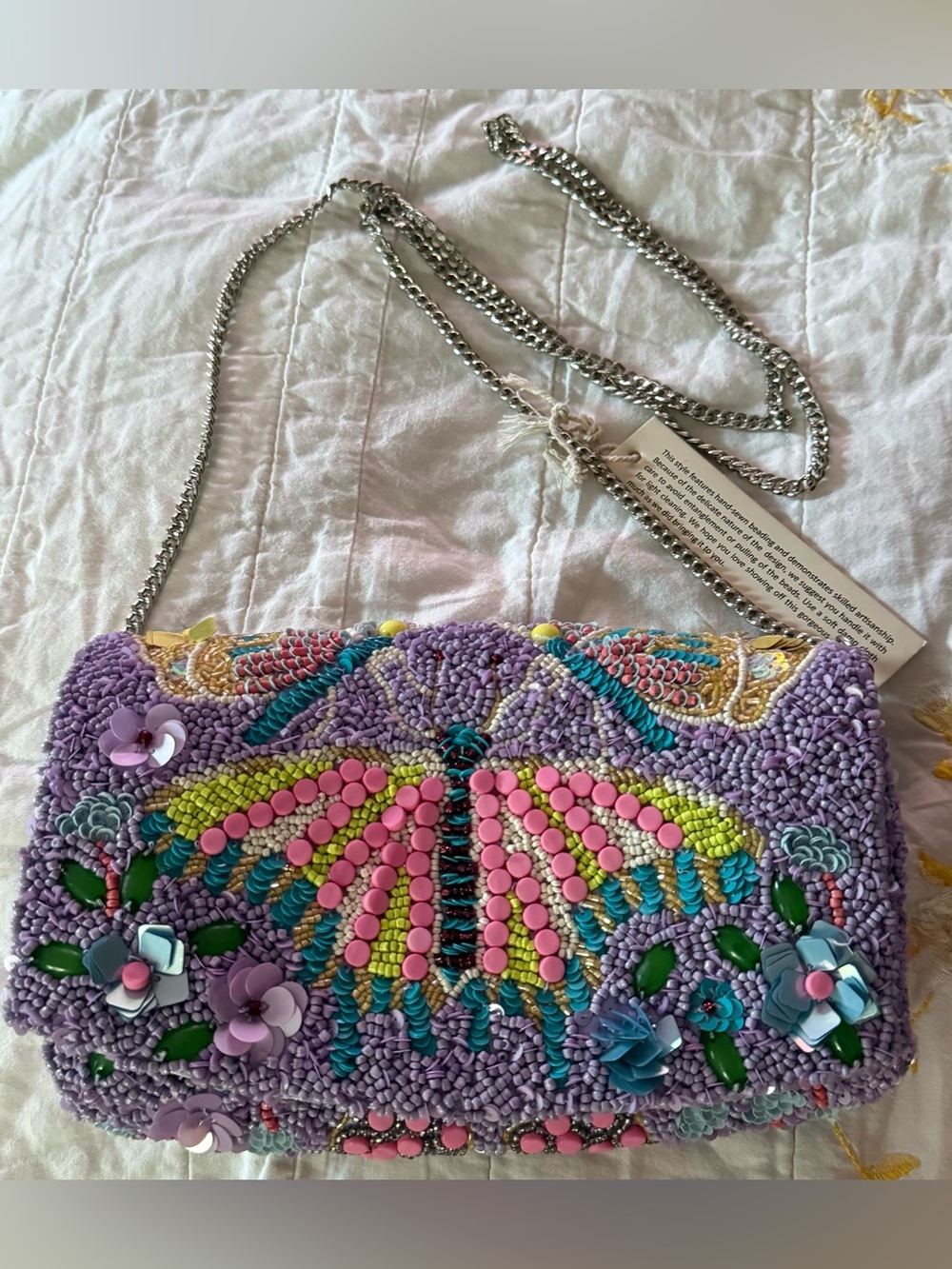 Embellished Lavender Beaded Butterfly Pastel Crossbody Bag Silver chain